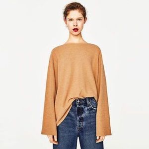 Tan Raw Hem Bell Sleeve Sweater Zara